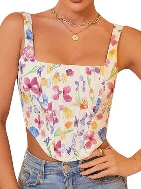 May & Maya White Pink Purple Floral Back Zipper Corset Top Crop Top size L